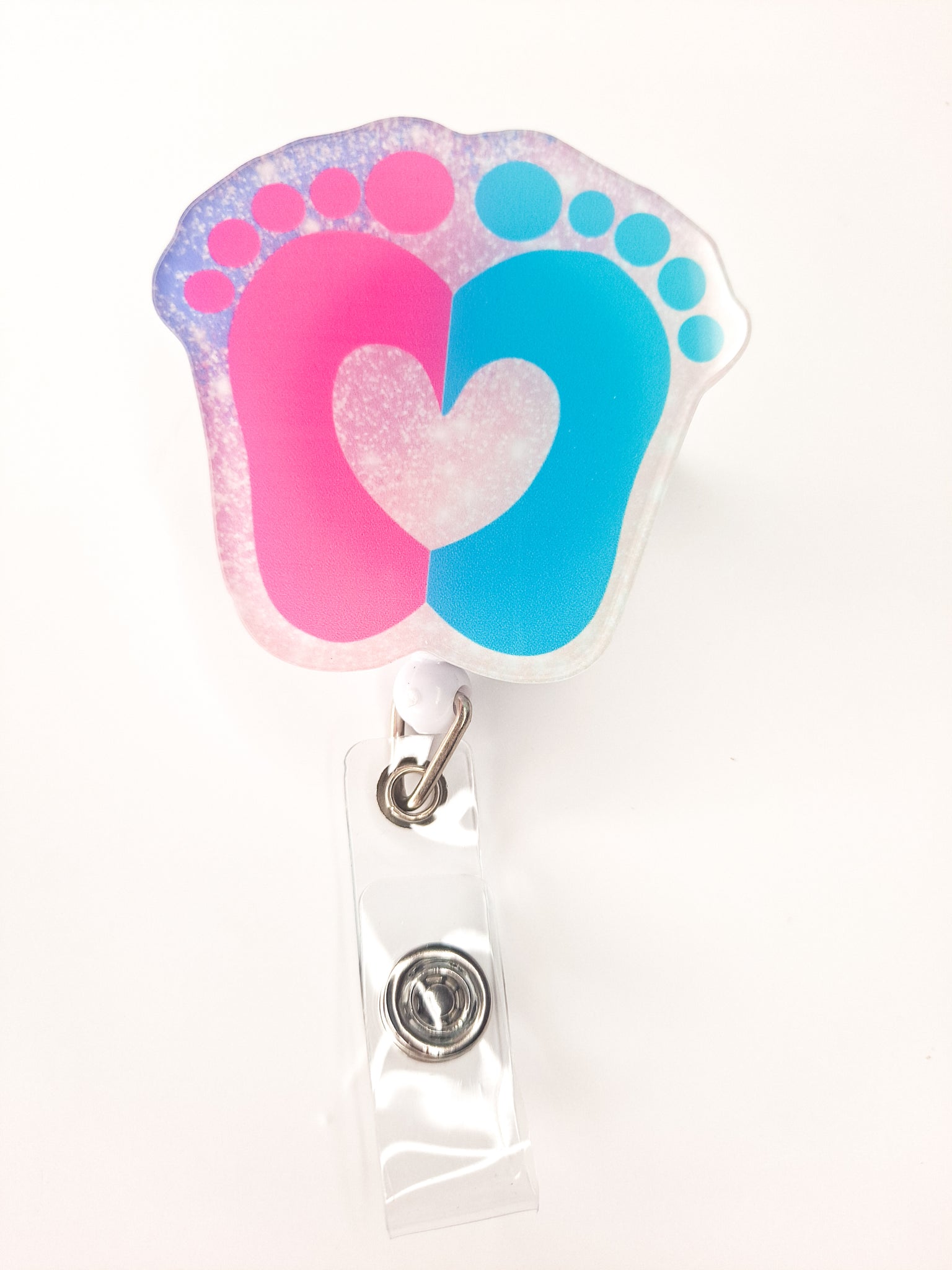 Pink and blue baby footprints - retractable reel - badge holder - badg